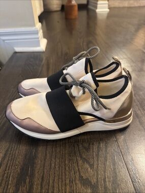 Aldo Cream and Rose Gold Metallic Slip-On Sneakers with Black Strap